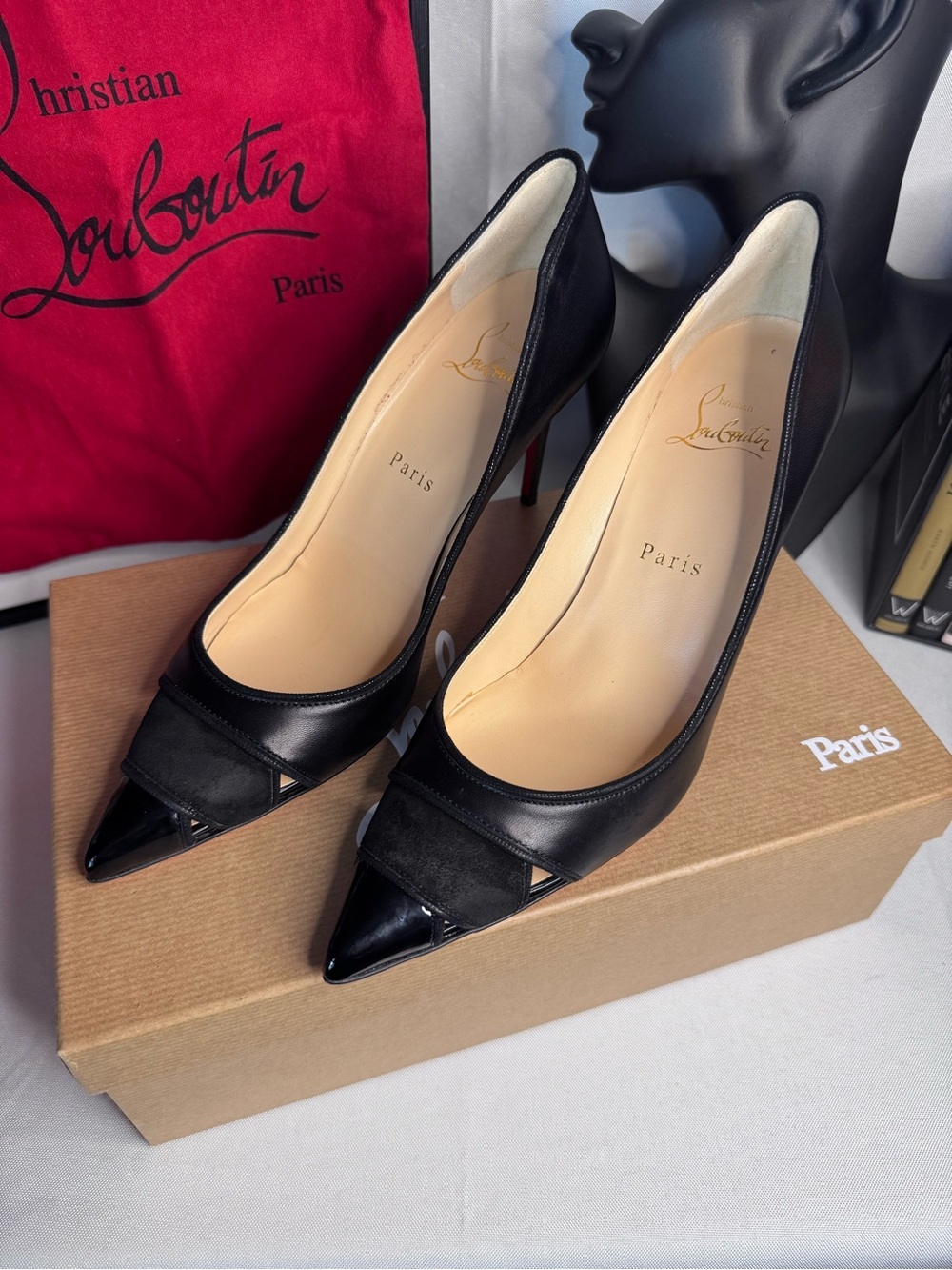 Christian Louboutin Biblio Black Cut Out Pointed Toe Leather & Suede Pumps